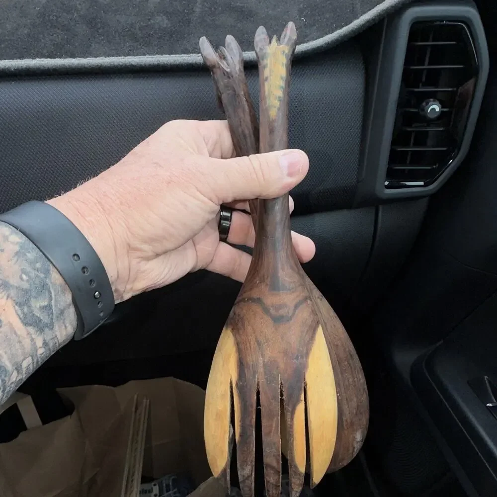 Carved Wood Serving Fork giraffe Handle Rustic Dark Brown Matte Finish 9 in